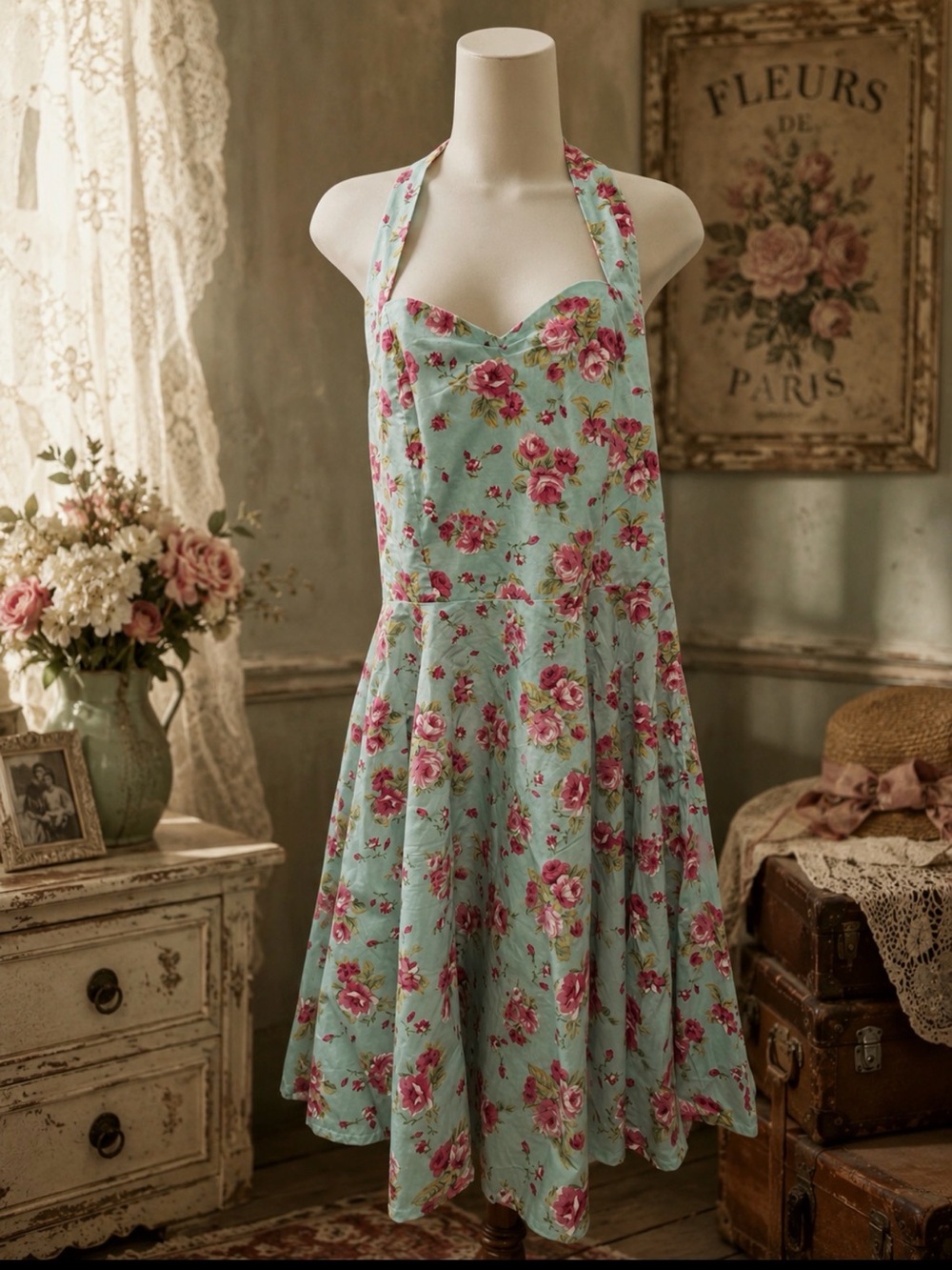 Vintage-Inspired Floral Halter Swing Dress - Mint with Pink Roses size xl